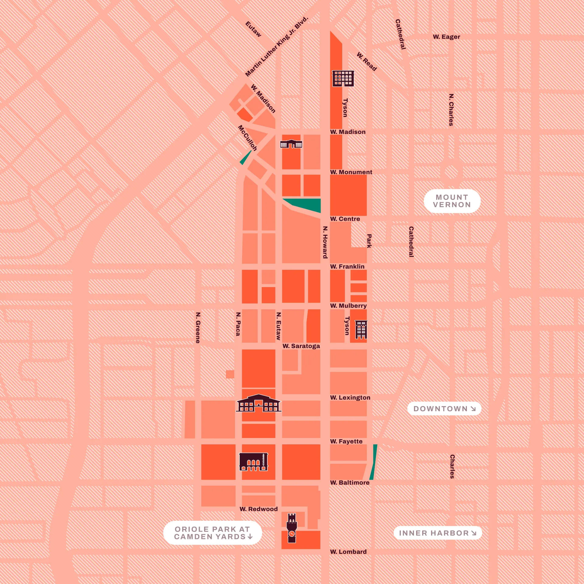 a red-toned map of the bromo arts district in baltimore maryland